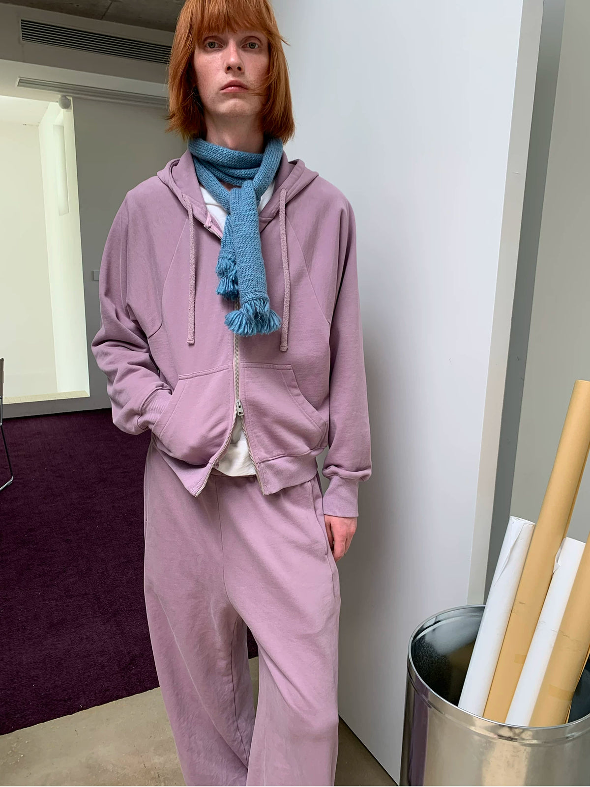 Simple Project Washed Overdyed Raglan Zip-Up Hoodie - Washed Pink with scarf