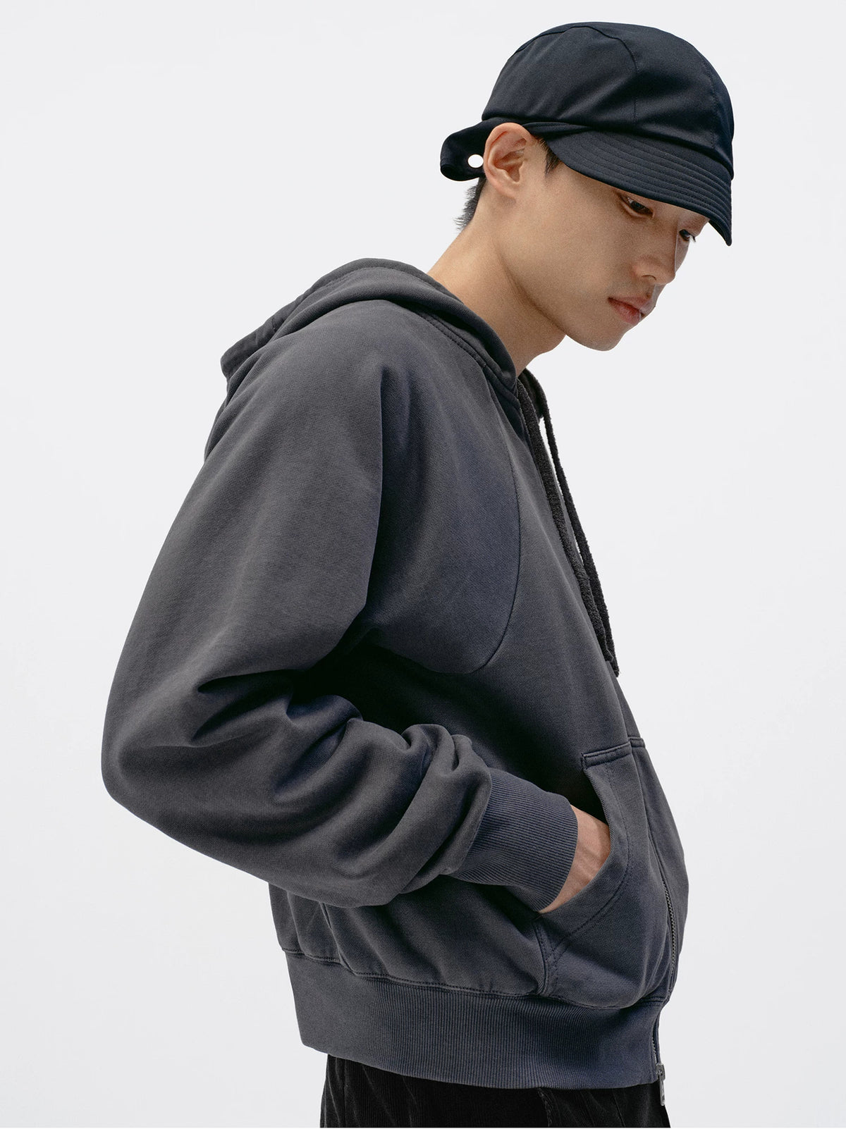 Simple Project Washed Overdyed Raglan Zip-Up Hoodie - Washed Gray side profile
