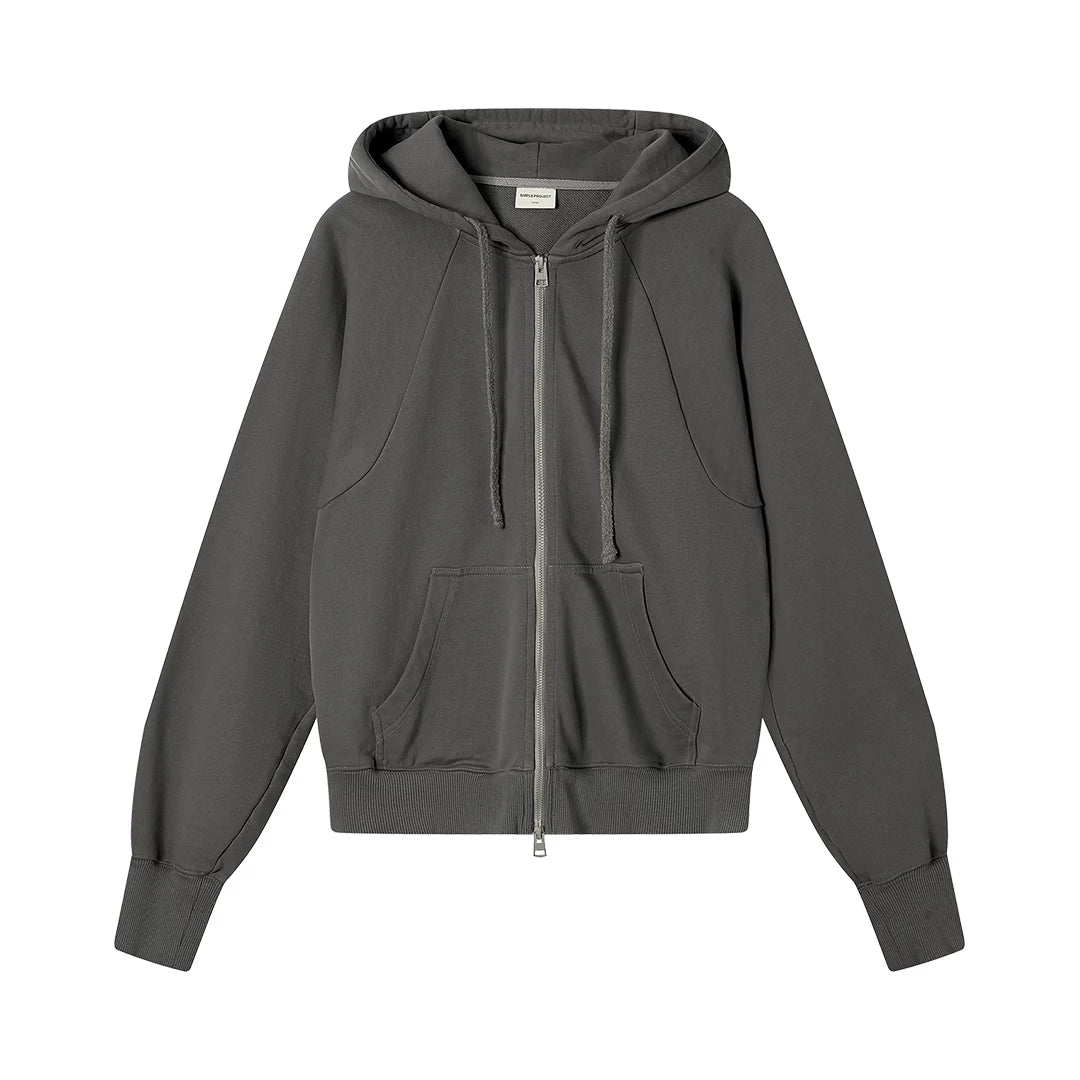 Simple Project Washed Overdyed Raglan Zip-Up Hoodie - Washed Gray flat lay