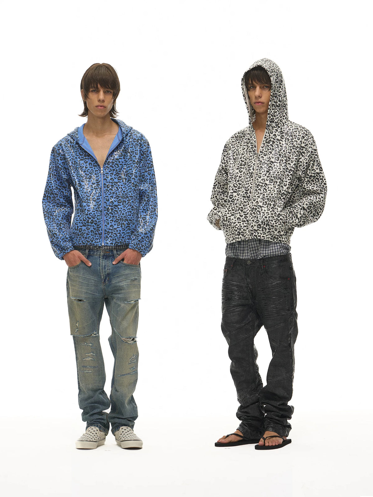 EXITMODE Leopard Sequin Zip-Up Hoodie - Blue and White full look