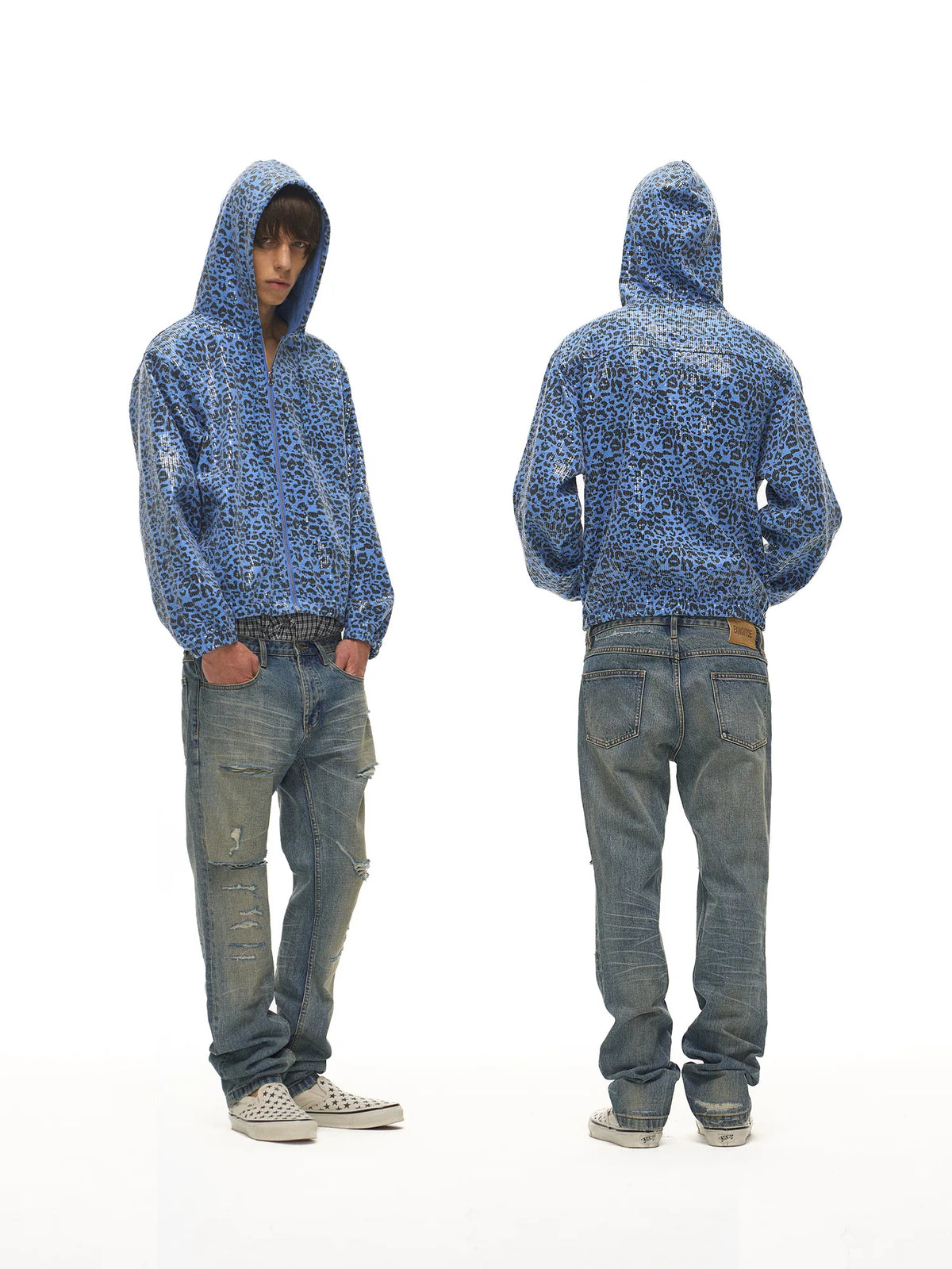 EXITMODE Leopard Sequin Zip-Up Hoodie - Blue front and back