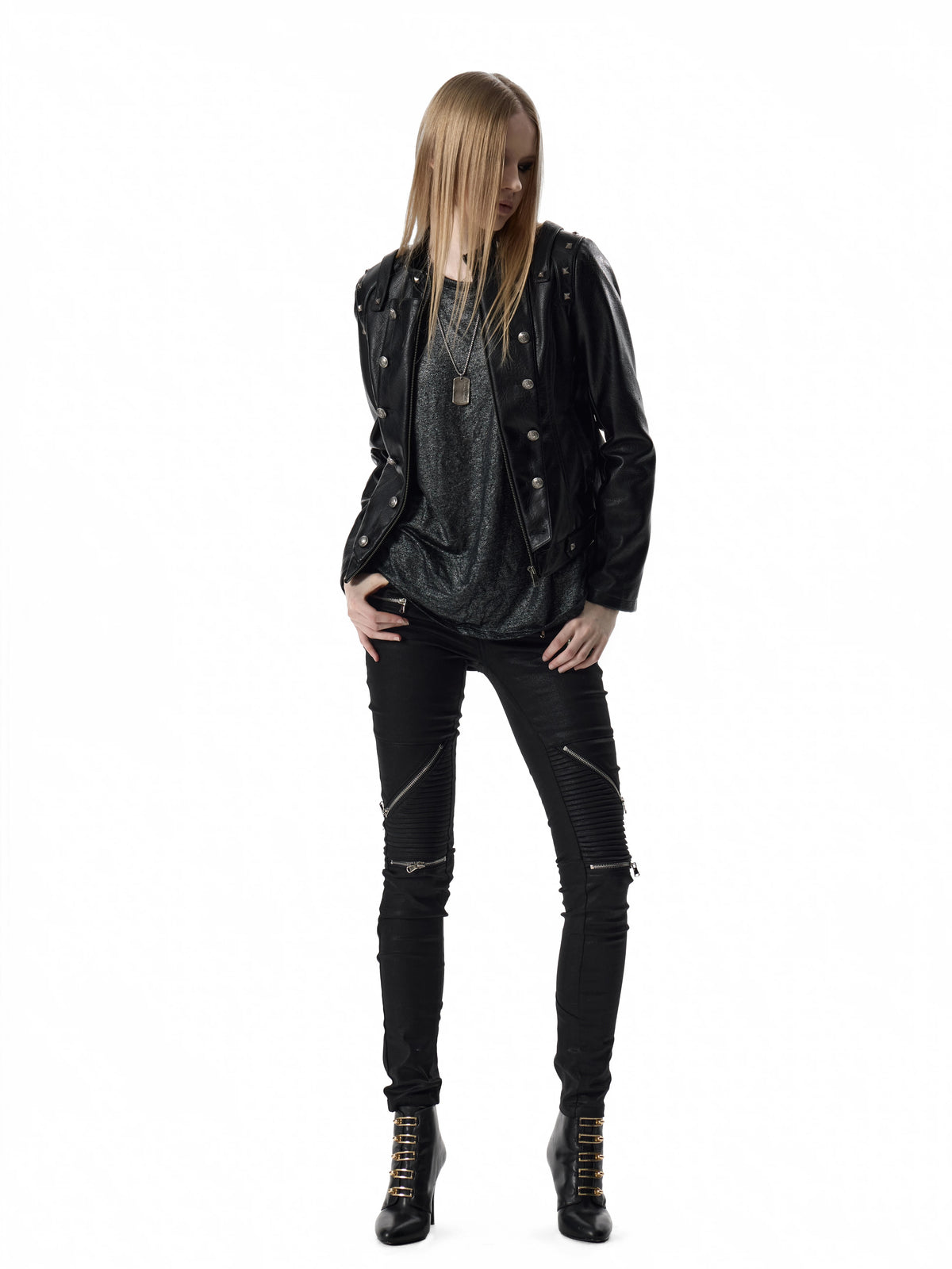 Studded Double-Breasted Napoleon Faux Leather Jacket - Black front open