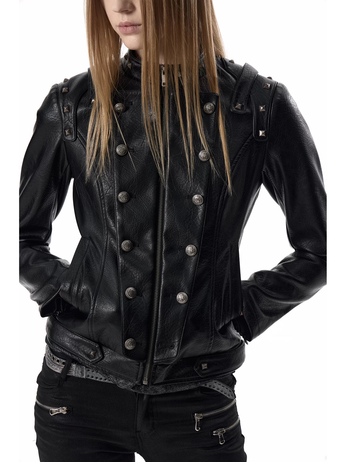 Studded Double-Breasted Napoleon Faux Leather Jacket - Black close-up
