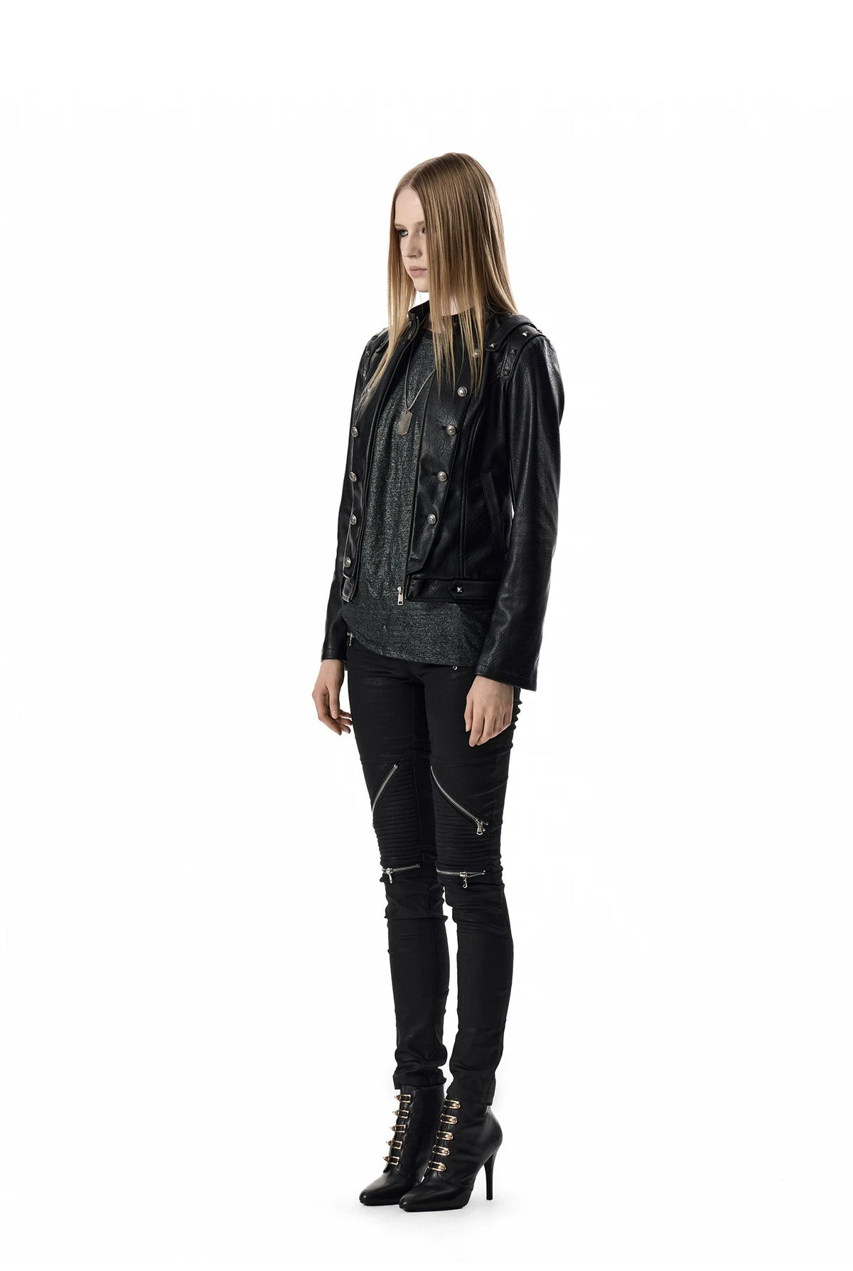 Studded Double-Breasted Napoleon Faux Leather Jacket - Black side view