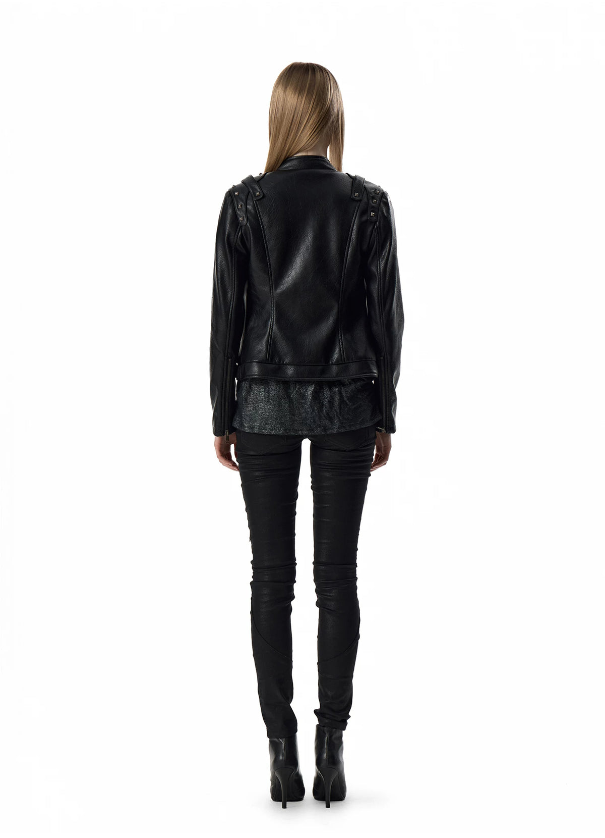 Studded Double-Breasted Napoleon Faux Leather Jacket - Black back full-length