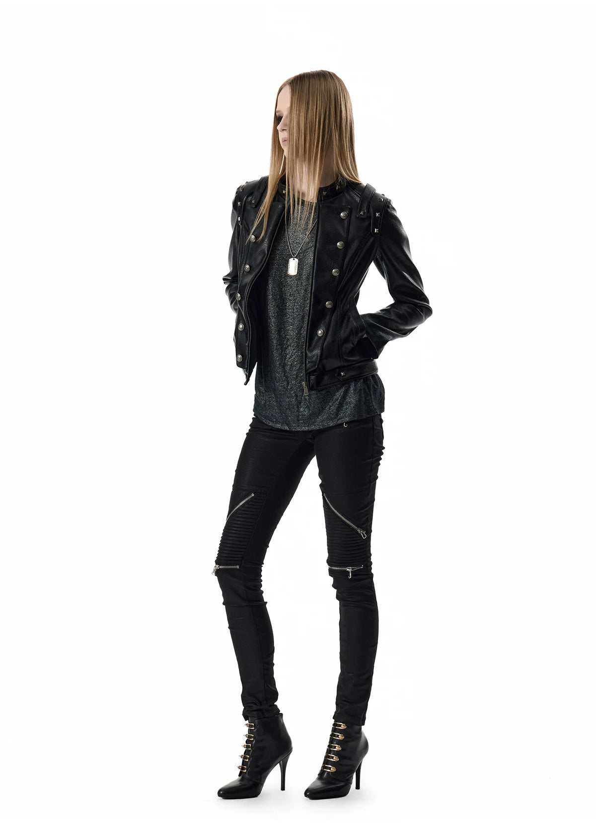 Studded Double-Breasted Napoleon Faux Leather Jacket - Black side full-length