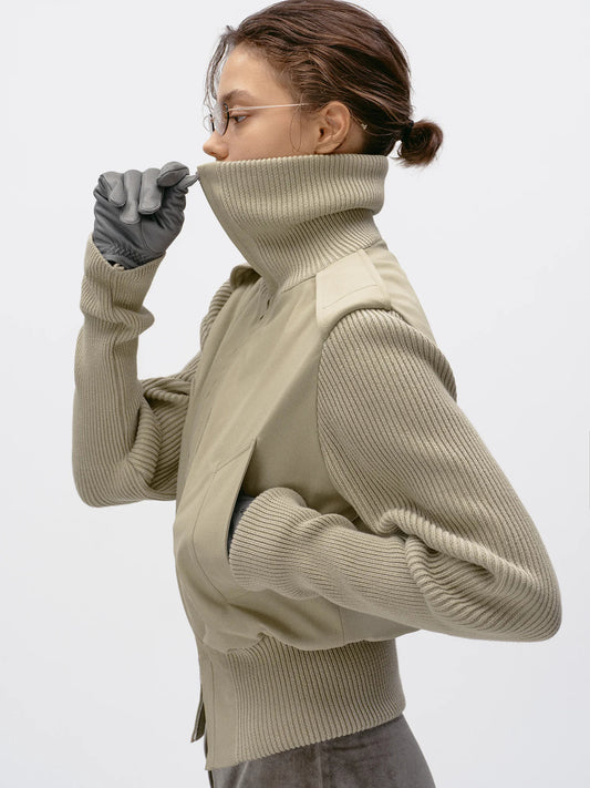 Knit Panel Padded Zip Jacket - Khaki Camel funnel collar