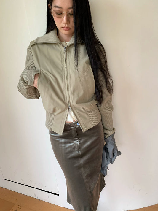 Knit Panel Padded Zip Jacket - Khaki Camel front