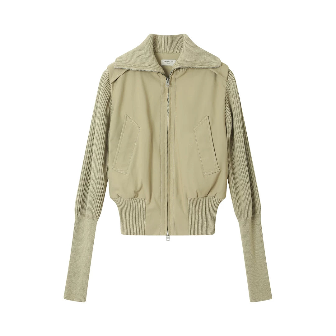 Knit Panel Padded Zip Jacket - Khaki Camel flat lay