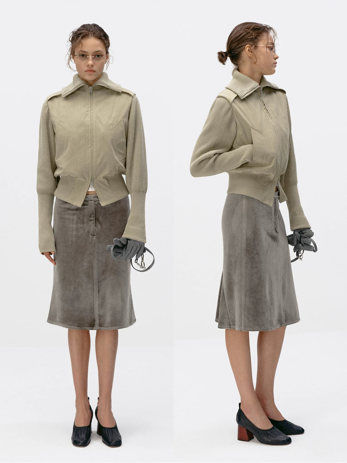 Knit Panel Padded Zip Jacket - Khaki Camel front and back