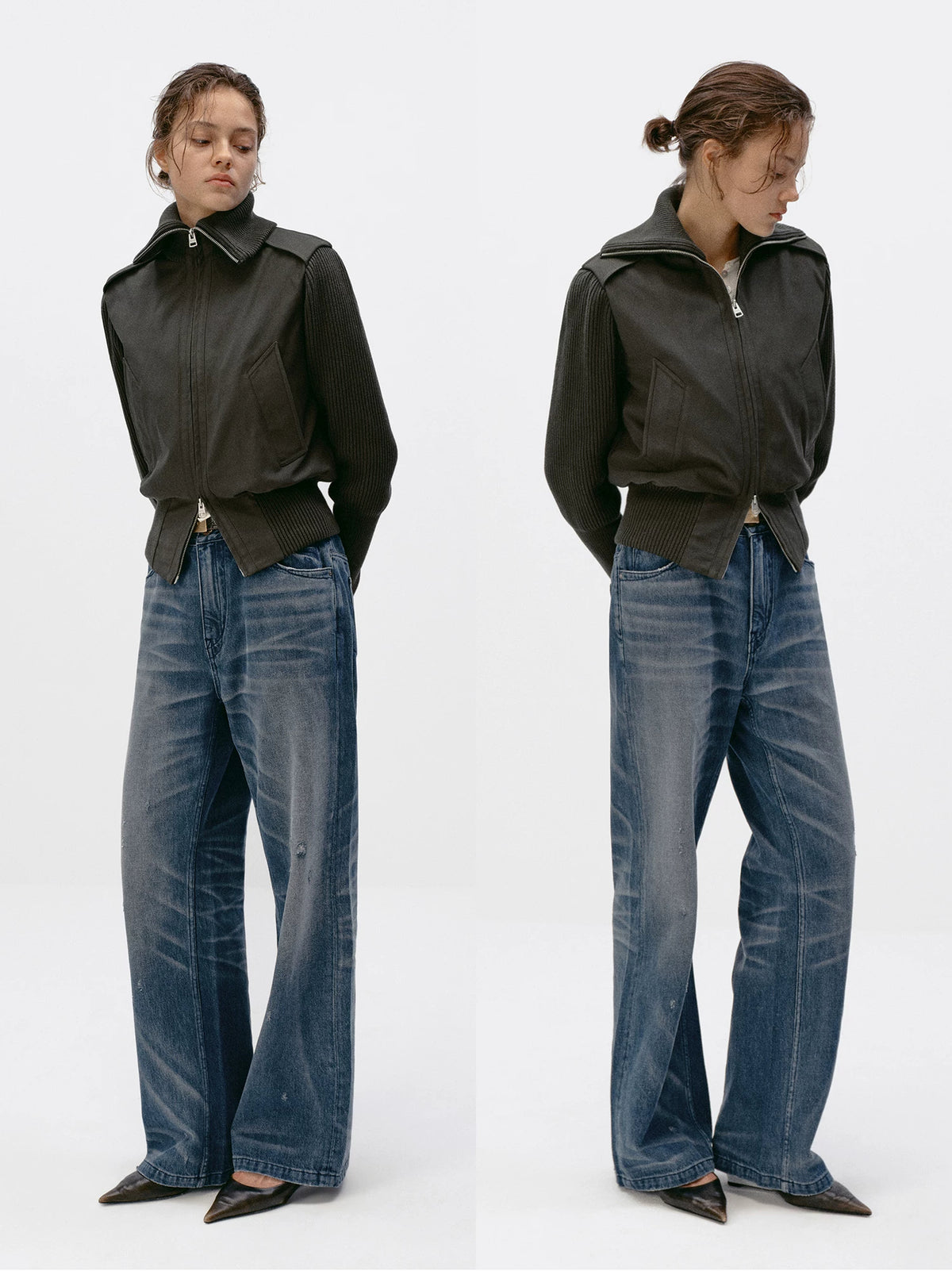 Knit Panel Padded Zip Jacket - Graphite Gray front and back