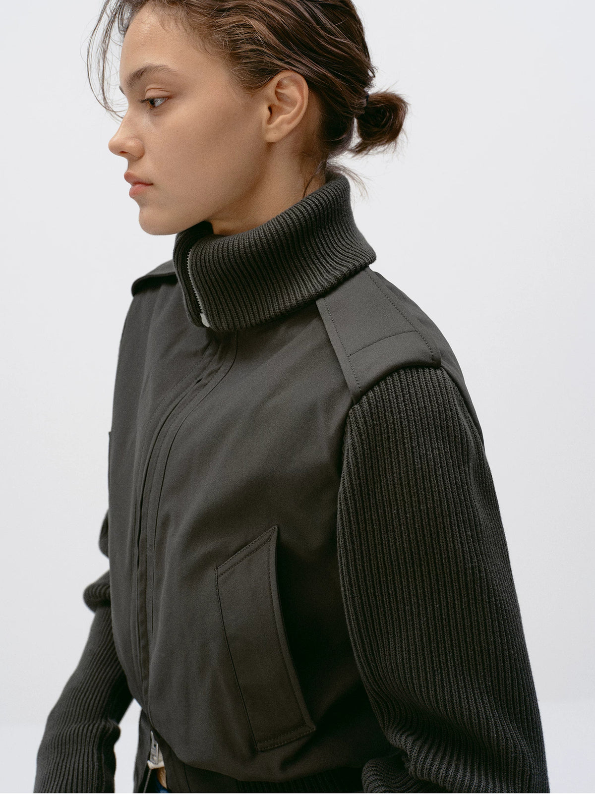 Knit Panel Padded Zip Jacket - Graphite Gray high collar detail