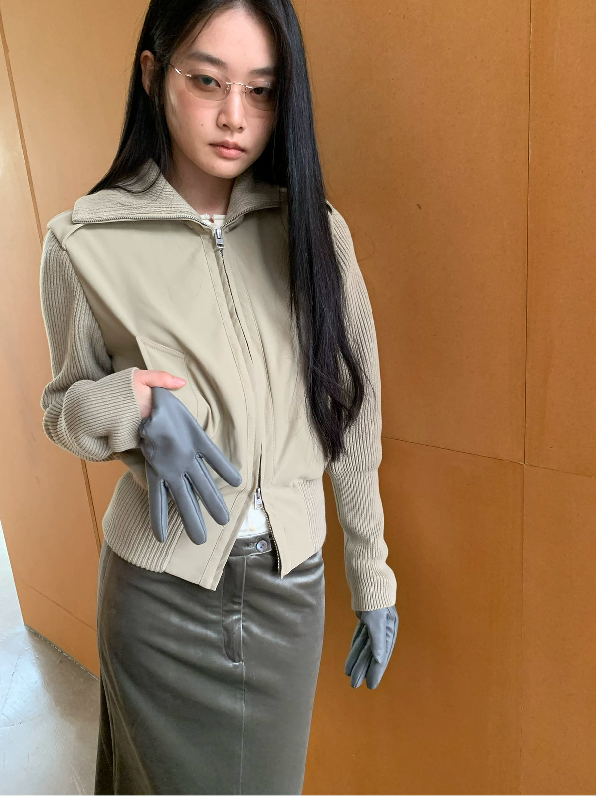 Knit Panel Padded Zip Jacket - Khaki Camel close-up