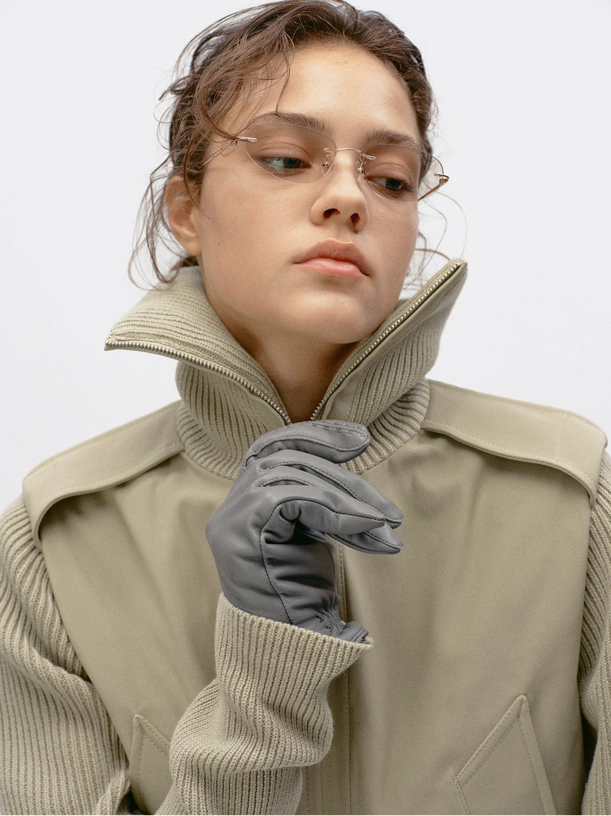 Knit Panel Padded Zip Jacket - Khaki Camel collar close-up