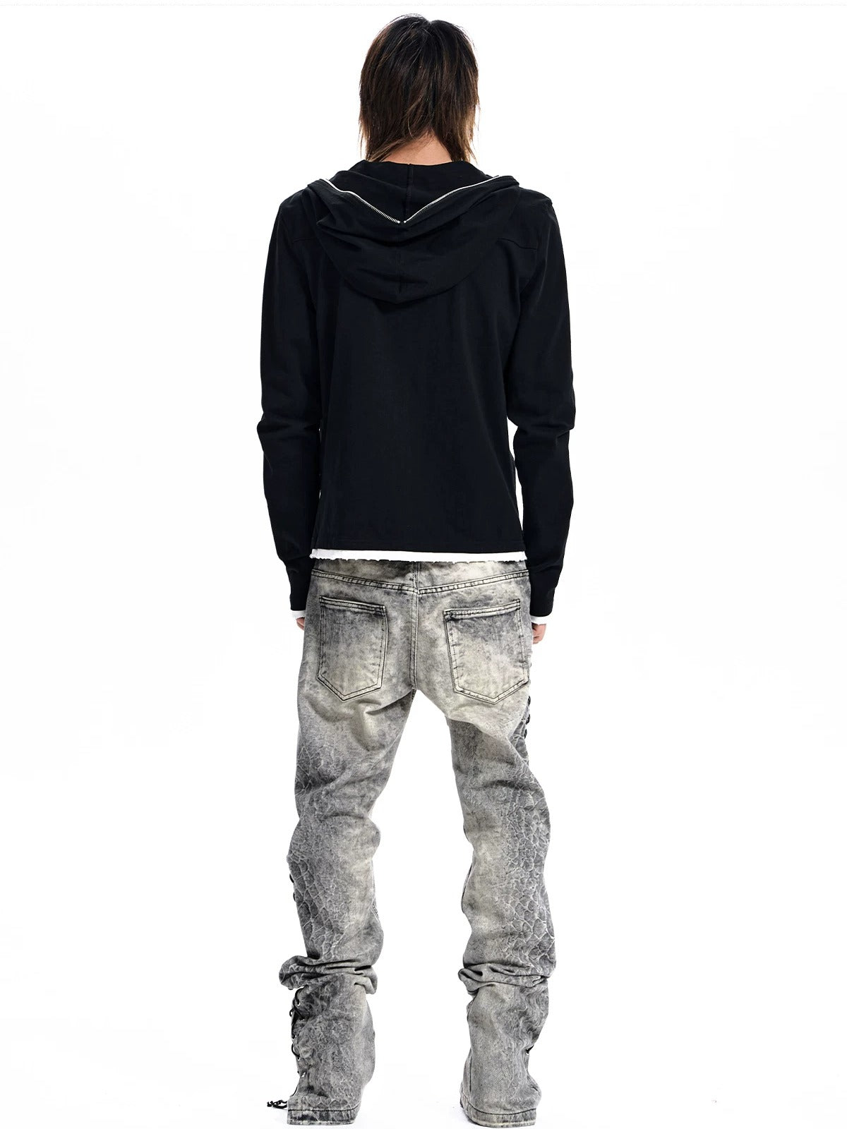 Studded Zip-Up Hoodie - Black full-body back