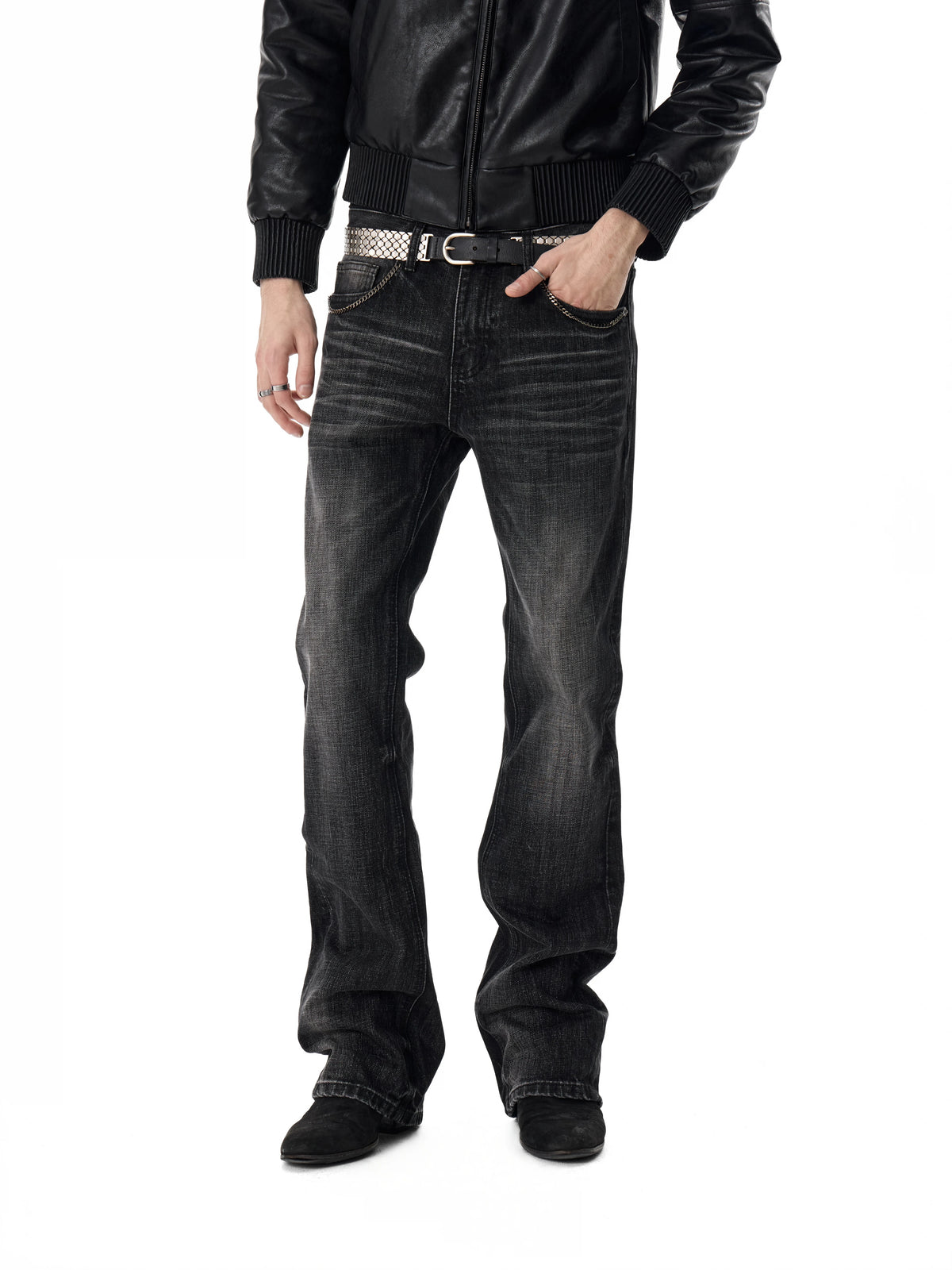 noEmosen Chain Pocket Washed Slim Flare Jeans - Black front, hand in pocket