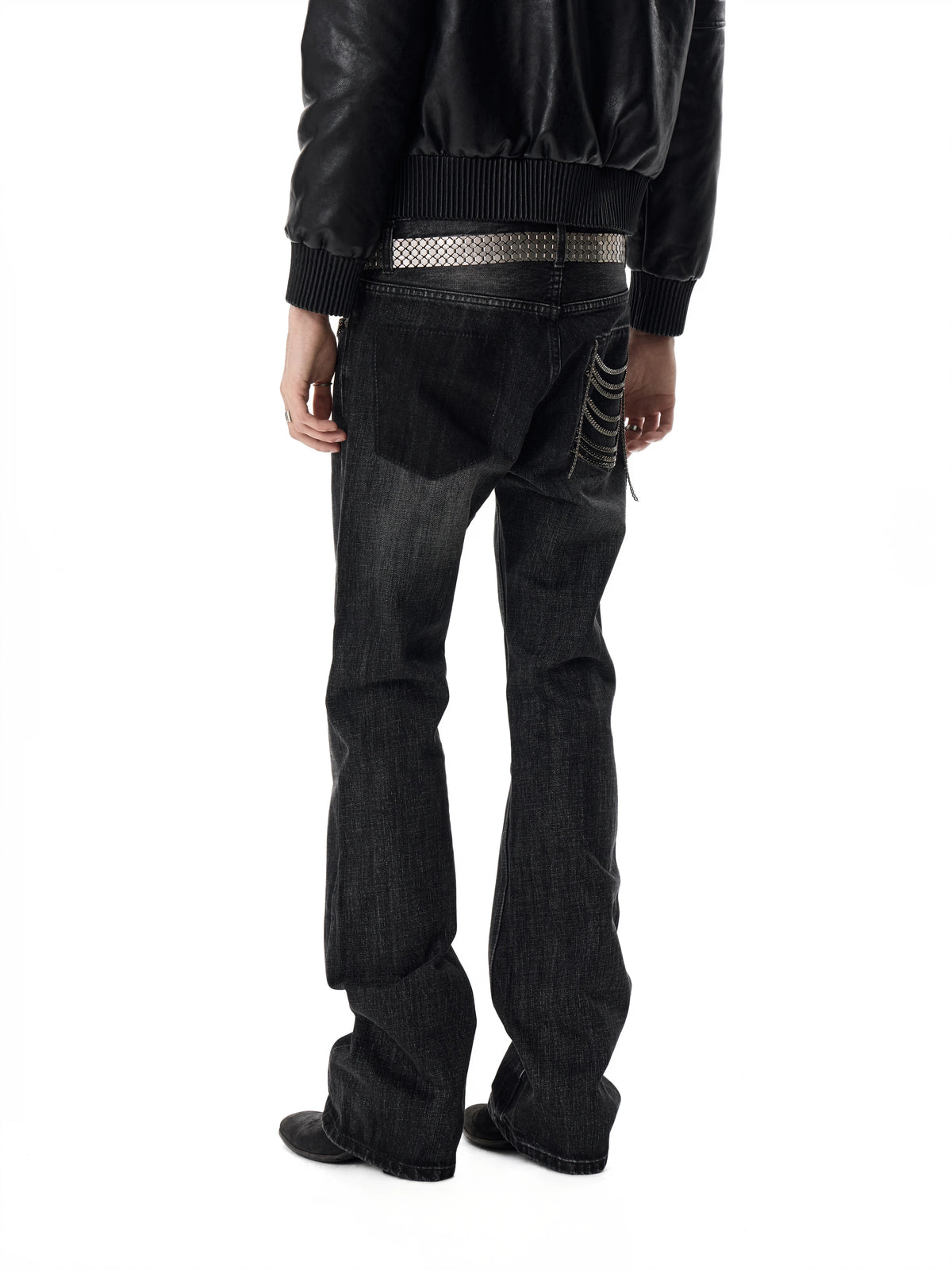 noEmosen Chain Pocket Washed Slim Flare Jeans - Black back