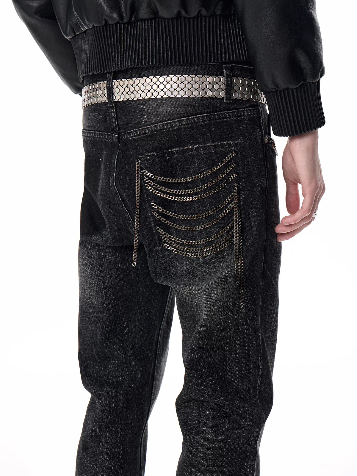 noEmosen Chain Pocket Washed Slim Flare Jeans - Back pocket chain detail