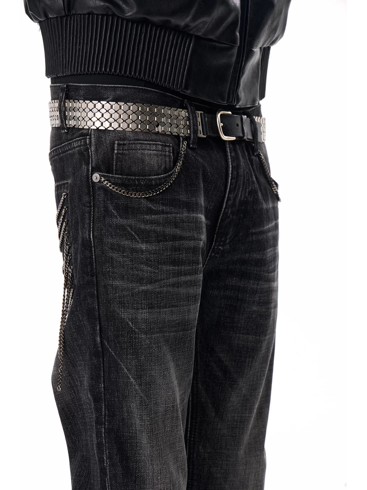 noEmosen Chain Pocket Washed Slim Flare Jeans - Front pocket and side chain detail
