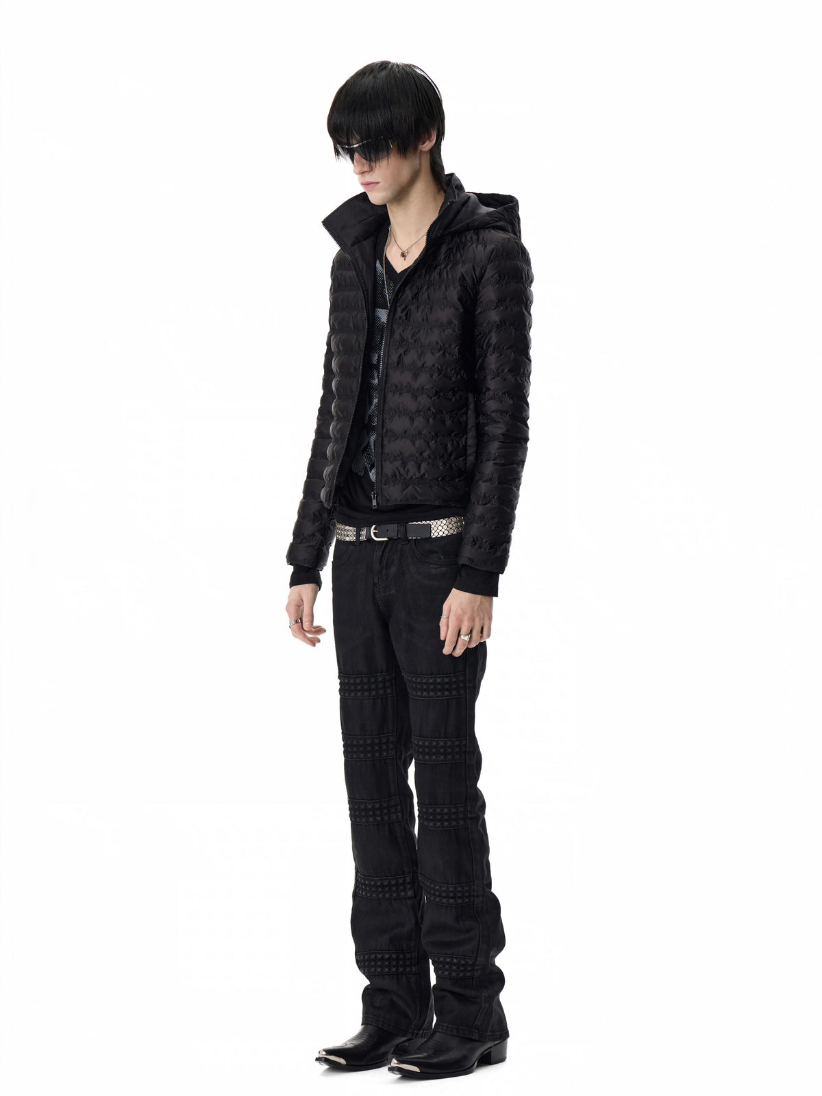 noEmosen Music Note Stitched Hooded Down Jacket - Black front full look