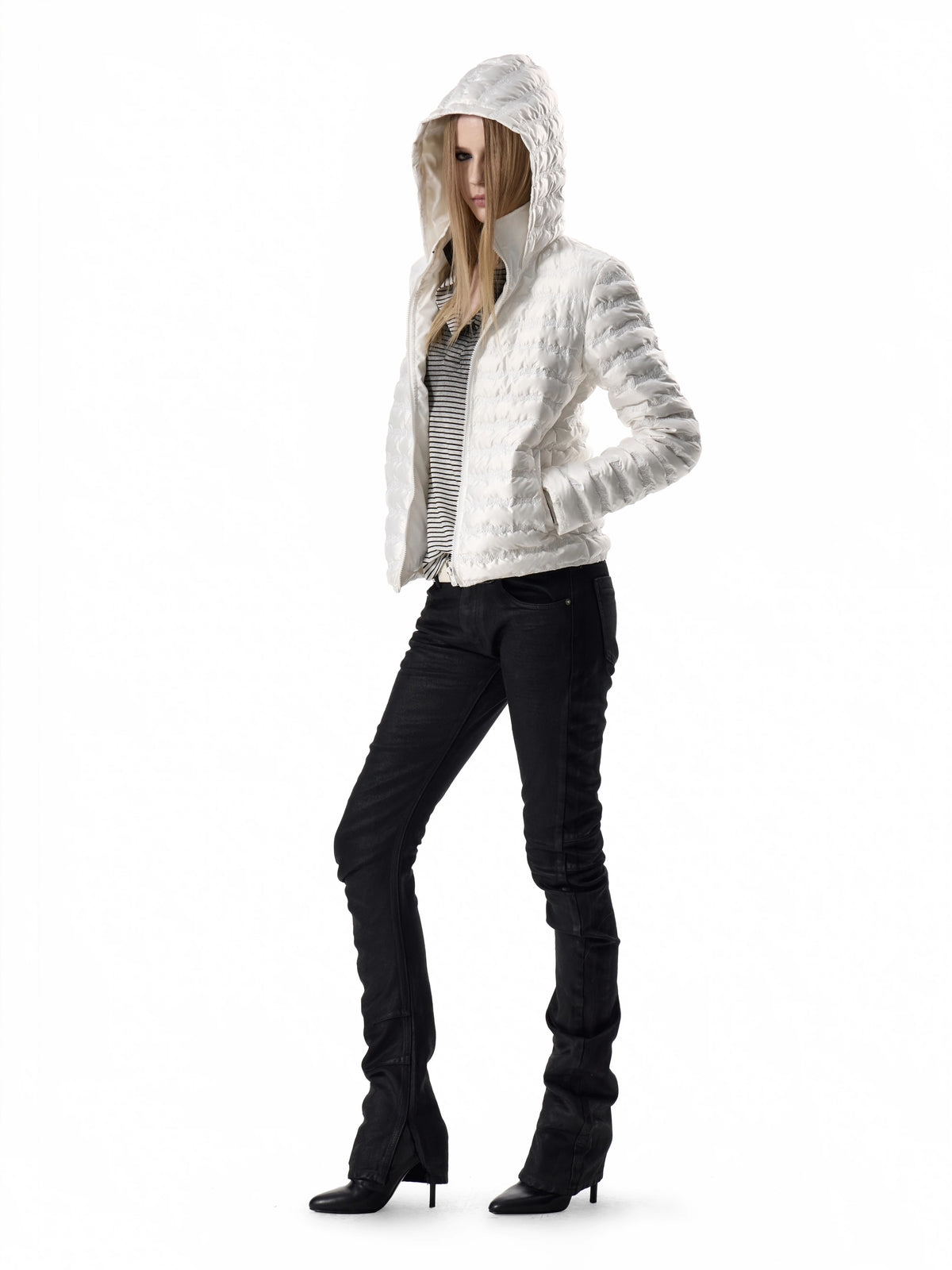 noEmosen Music Note Stitched Hooded Down Jacket - White side full look