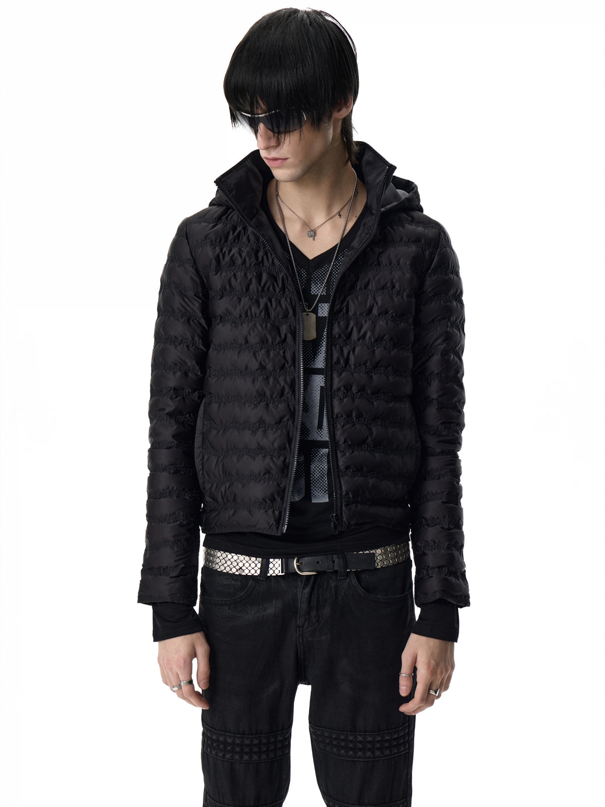 noEmosen Music Note Stitched Hooded Down Jacket - Black front close-up