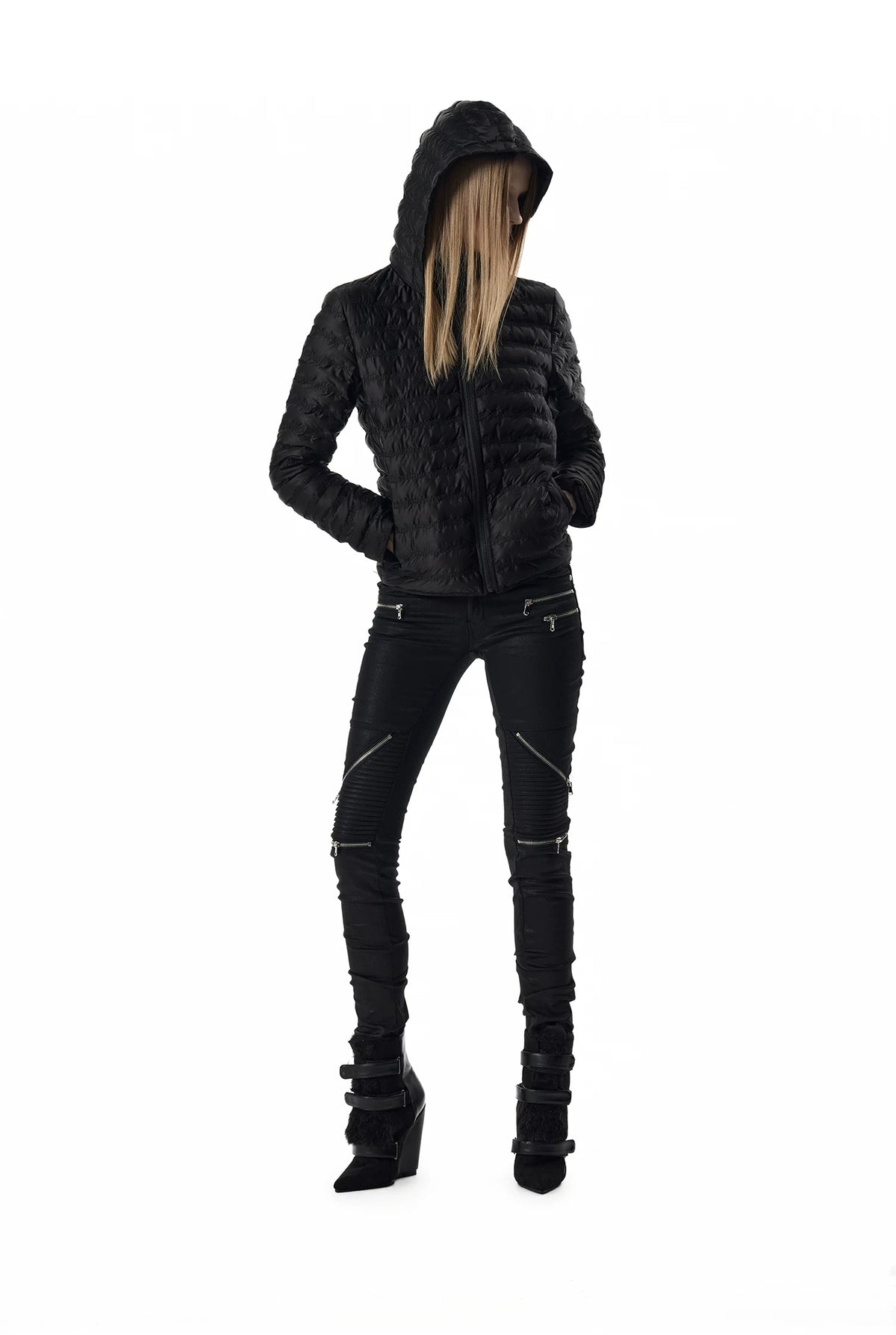 noEmosen Music Note Stitched Hooded Down Jacket - Black hooded front full look