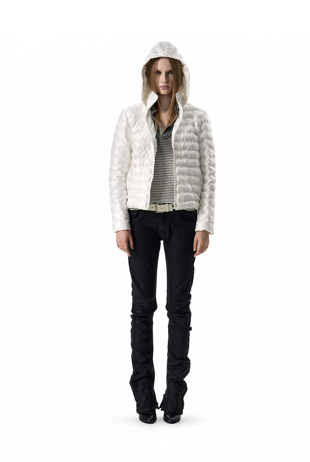 noEmosen Music Note Stitched Hooded Down Jacket - White hooded front full look
