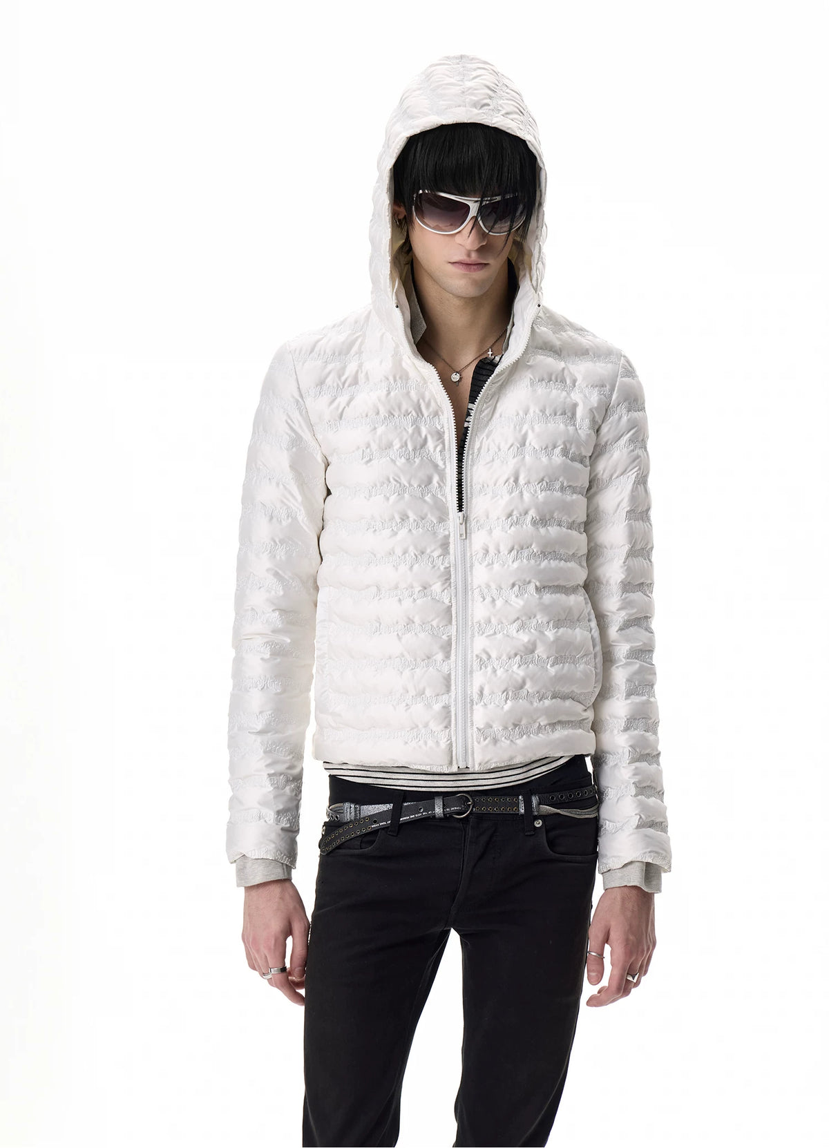 noEmosen Music Note Stitched Hooded Down Jacket - White hood up close-up
