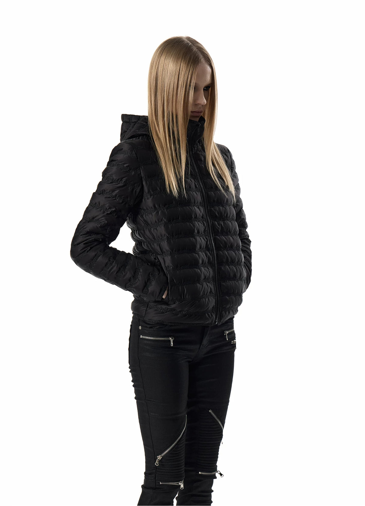 noEmosen Music Note Stitched Hooded Down Jacket - Black side close-up