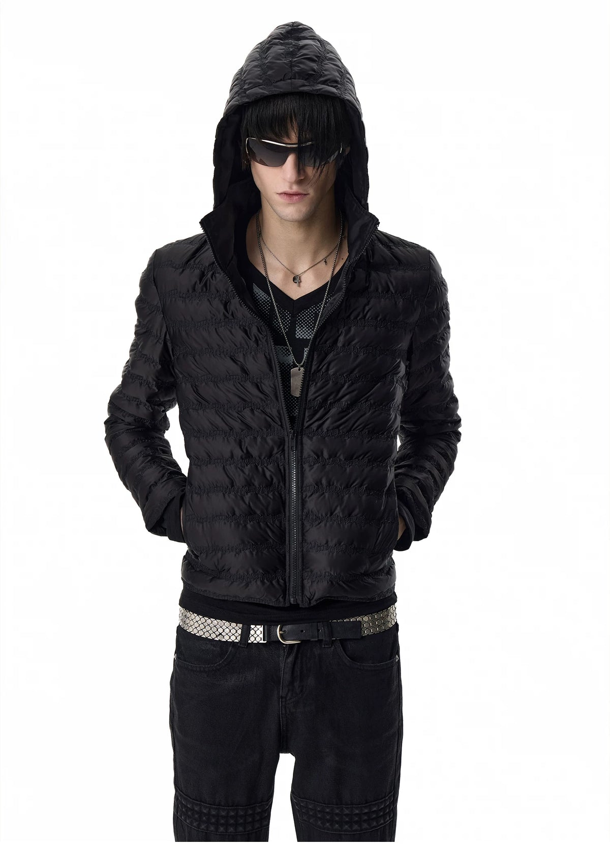 noEmosen Music Note Stitched Hooded Down Jacket - Black hood up close-up