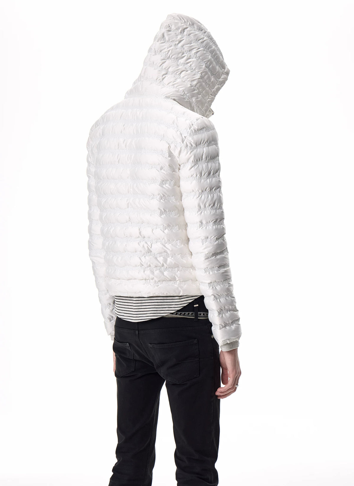 noEmosen Music Note Stitched Hooded Down Jacket - White back hood close-up