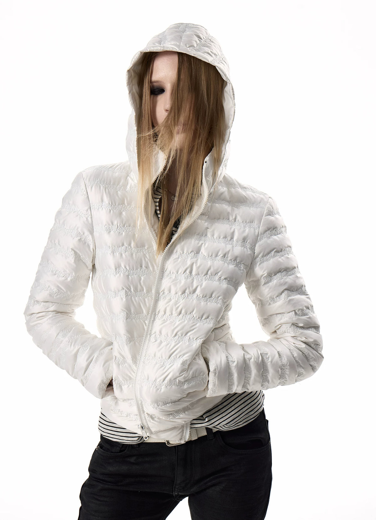noEmosen Music Note Stitched Hooded Down Jacket - White hood up front close-up