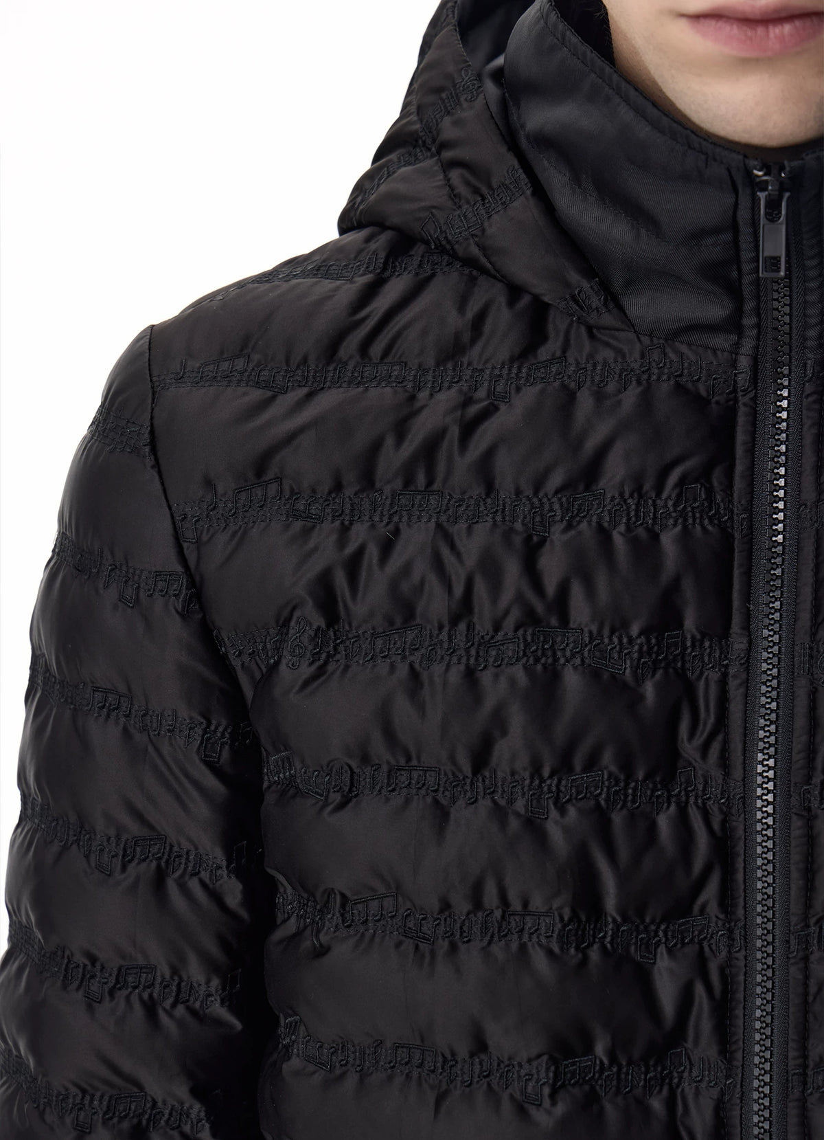 noEmosen Music Note Stitched Hooded Down Jacket - Black quilting and zip detail