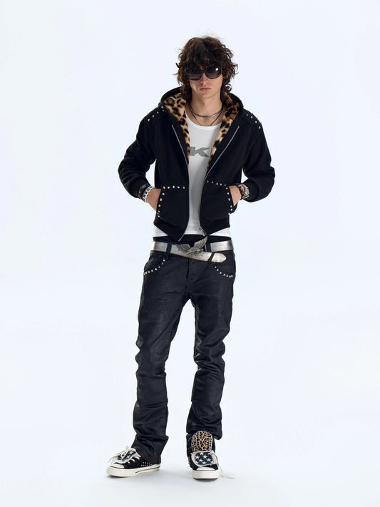 Studded Leopard Faux Fur Lined Zip-Up Hoodie - Black front full-length