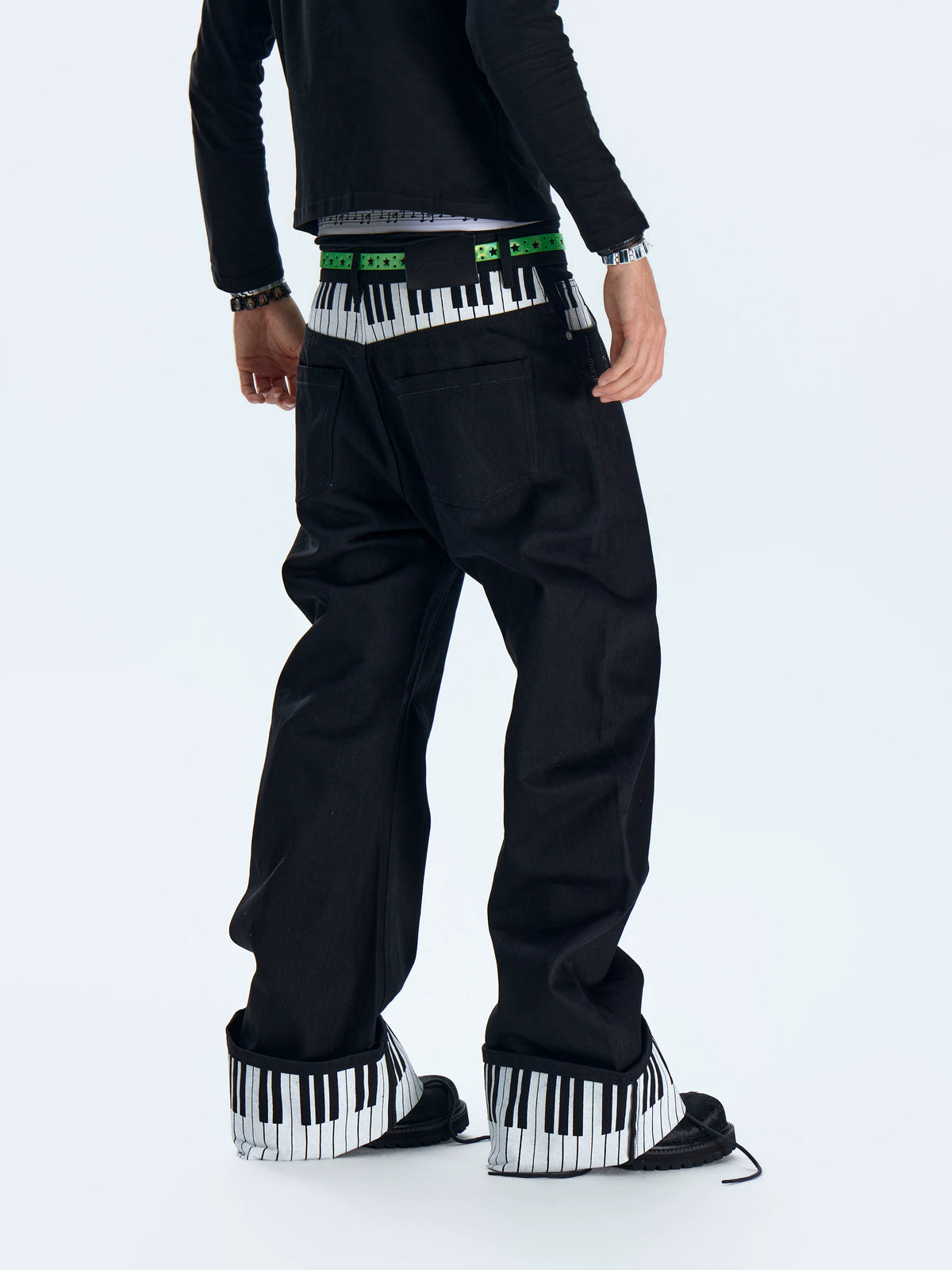 Piano Key Black Rhinestone Saber Fit Jeans - Black back angle