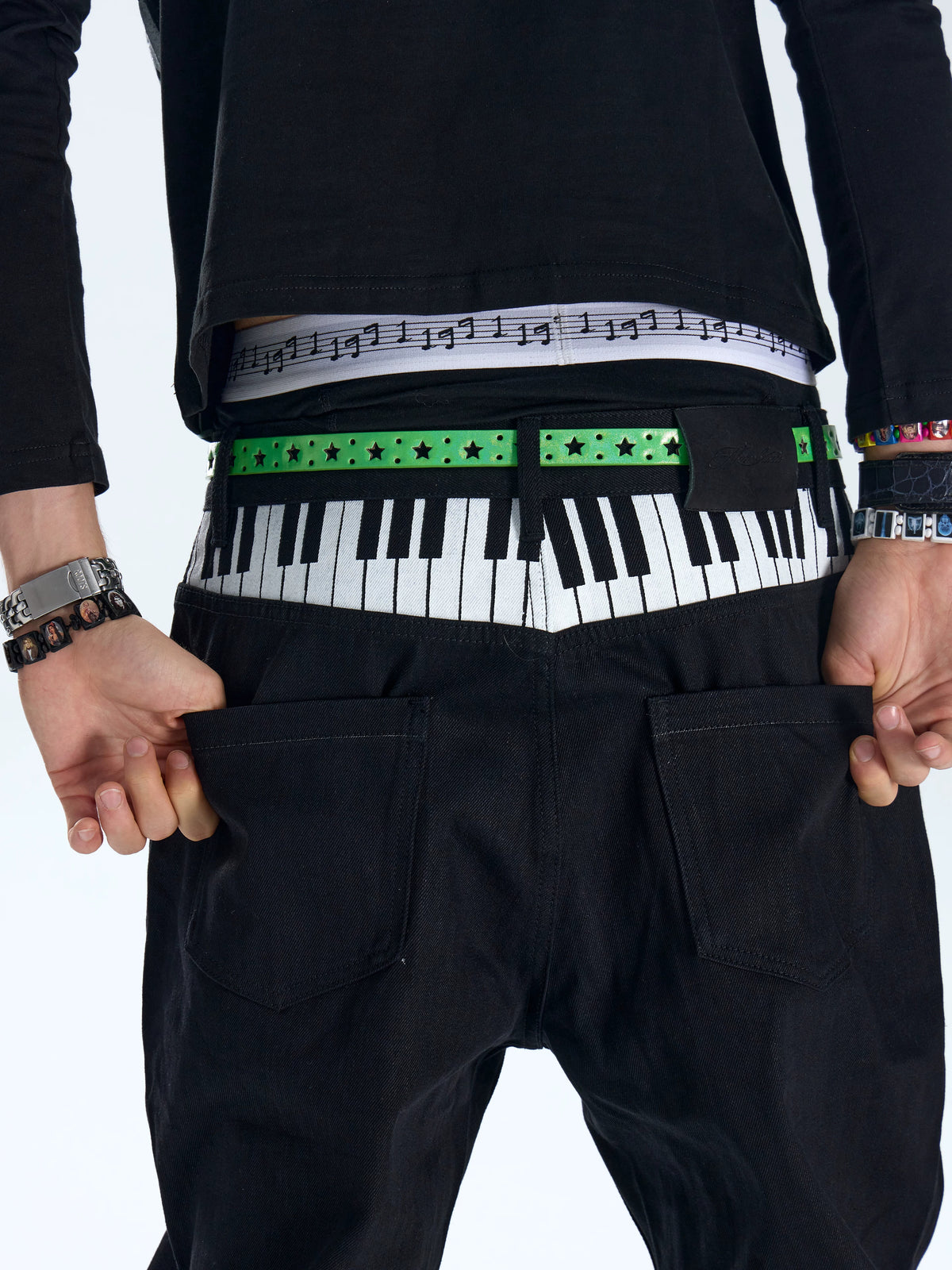 Piano Key Black Rhinestone Saber Fit Jeans - Black back waistband detail