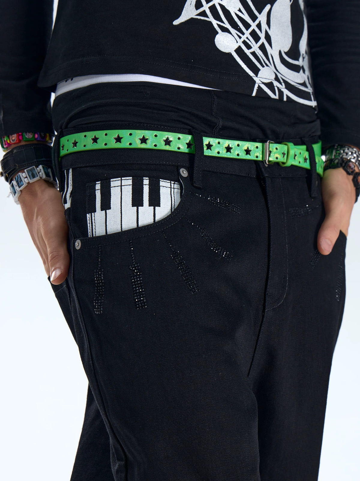 Piano Key Black Rhinestone Saber Fit Jeans - Black front pocket rhinestone detail