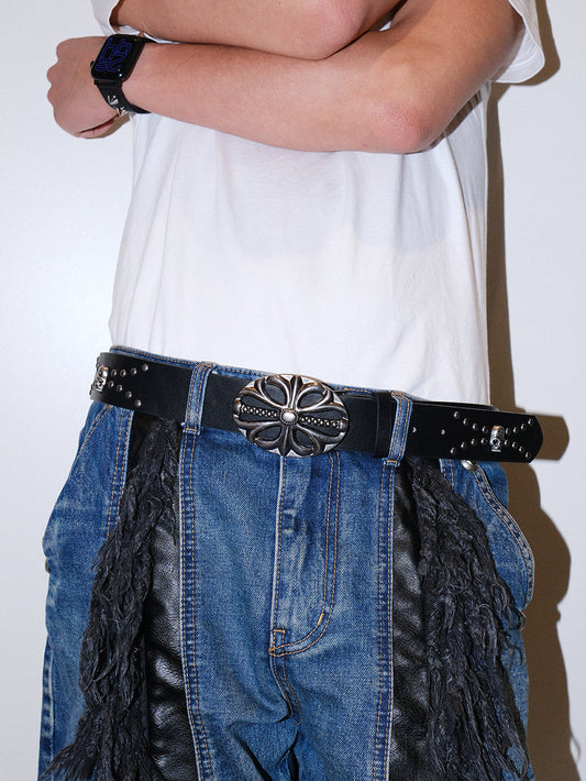Skull Studded Star Engraved Buckle Belt