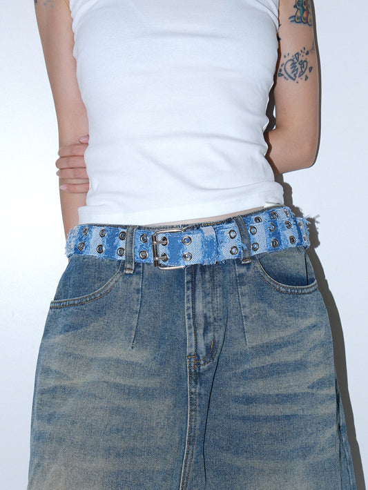 Distressed Denim Eyelet Studded Belt