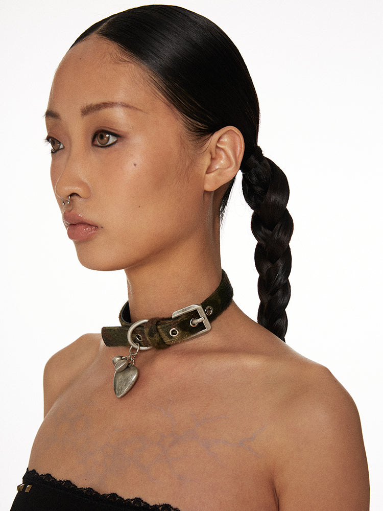 Camo Leopard Horsehair Heart Choker