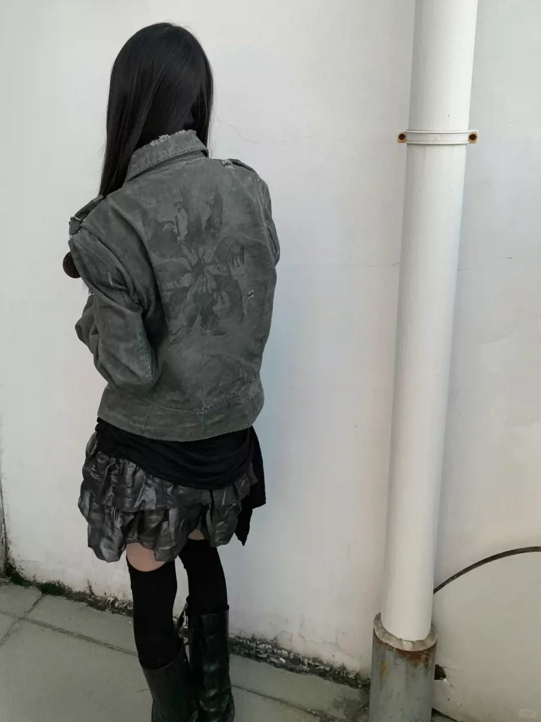 King Rat Print Dyed Cropped Biker Jacket - Gray Green back print styled