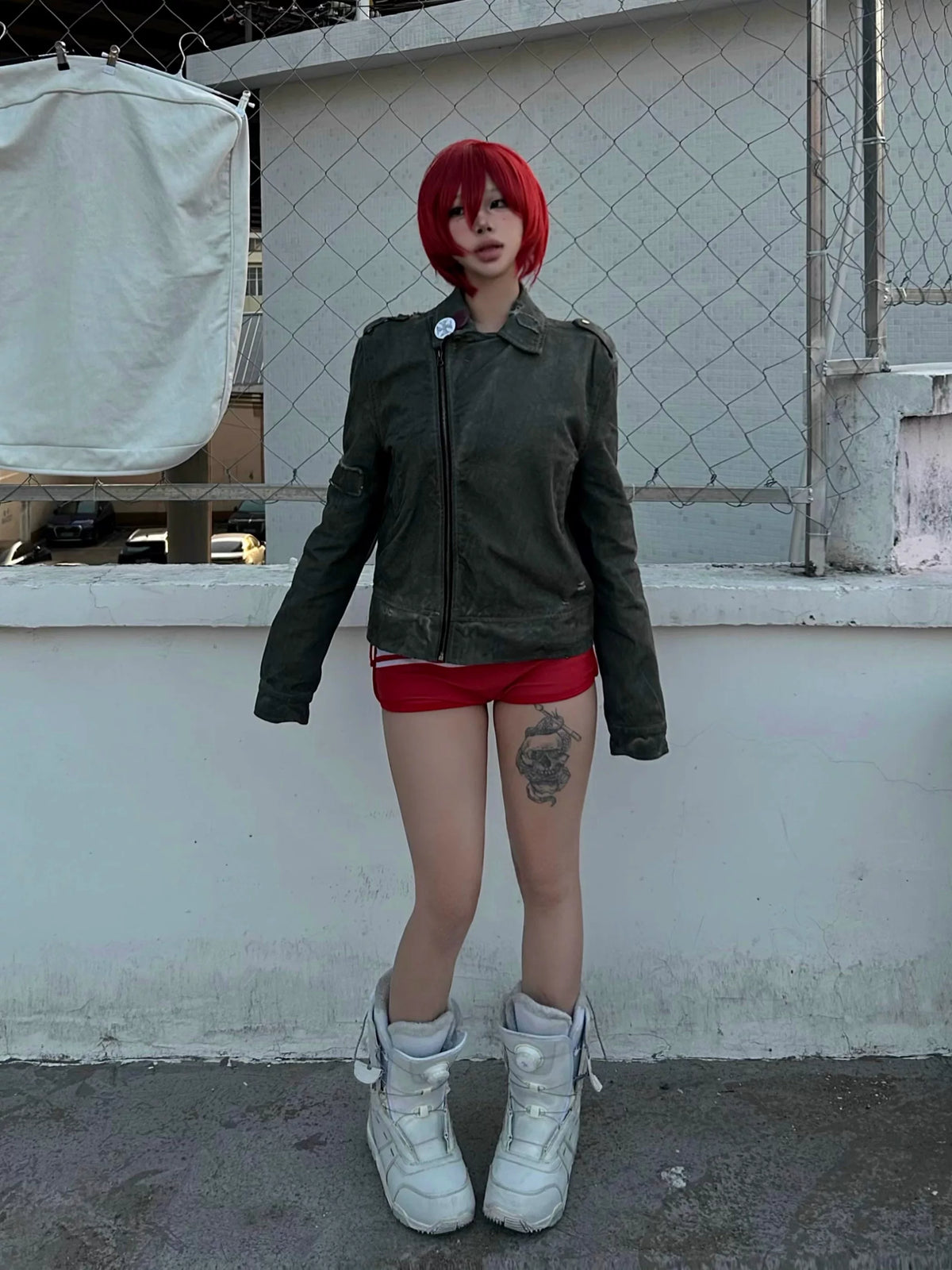 King Rat Print Dyed Cropped Biker Jacket - Gray Green full look