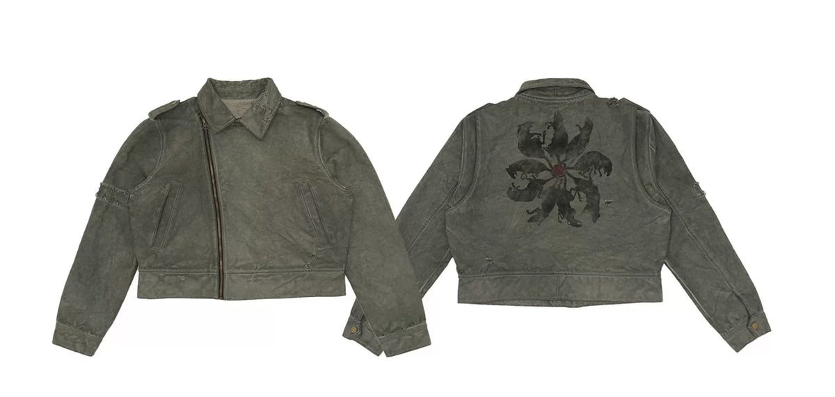 King Rat Print Dyed Cropped Biker Jacket - Gray Green flat lay front and back