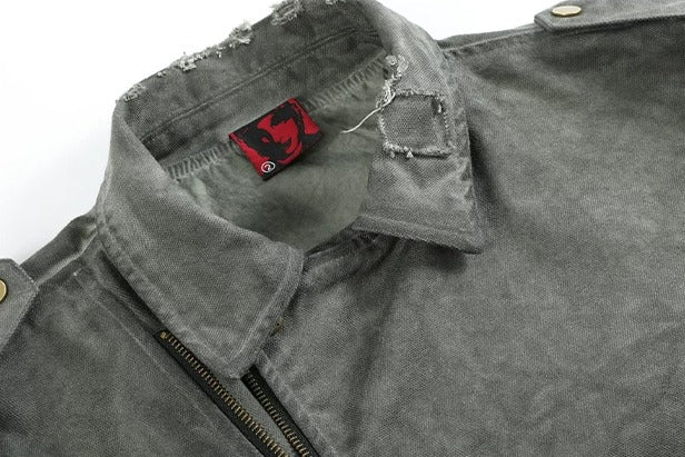 King Rat Print Dyed Cropped Biker Jacket - Collar and zip detail