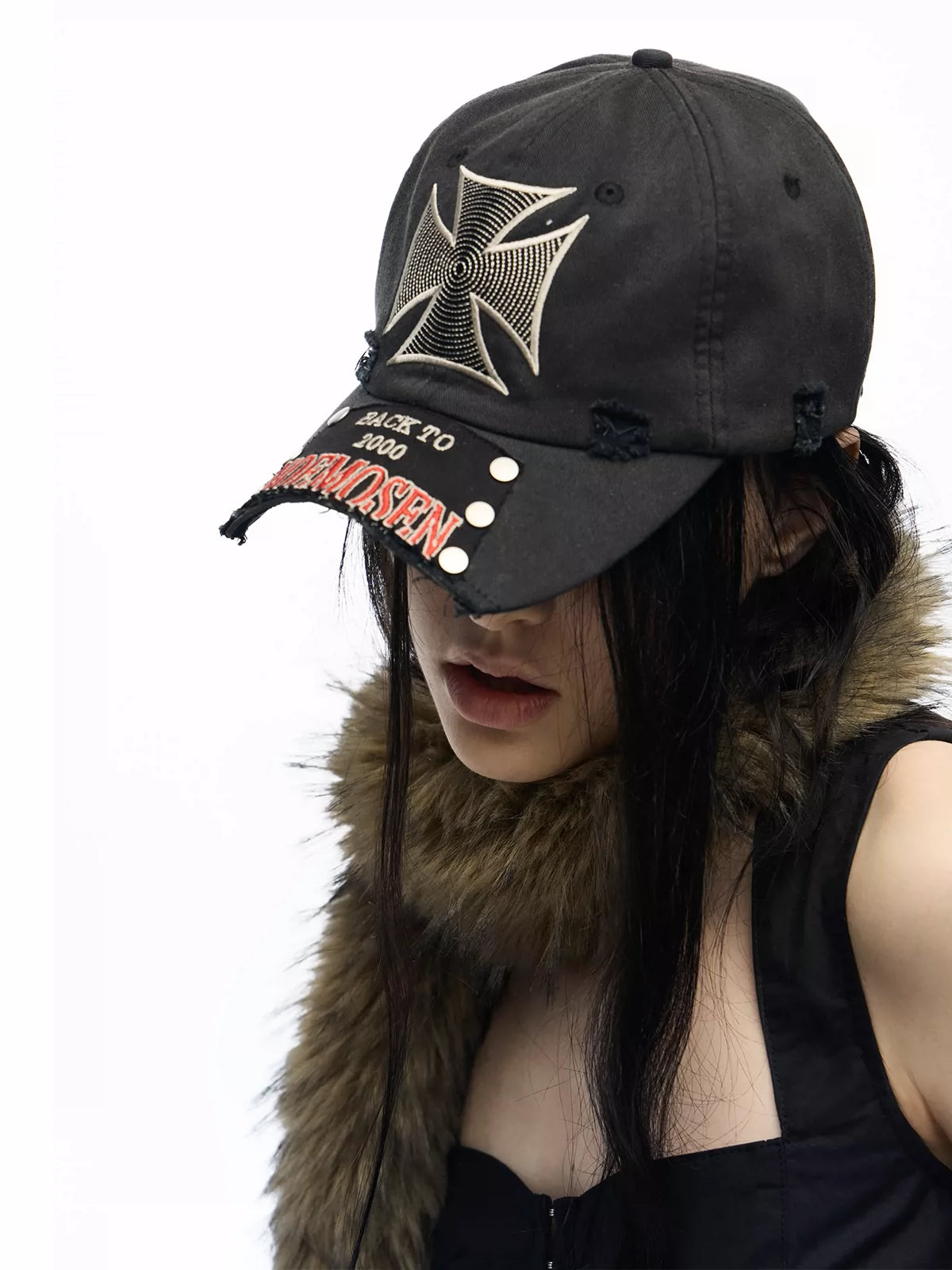 noEmosen Iron Cross Studded Distressed Washed Cap - Washed Black worn side