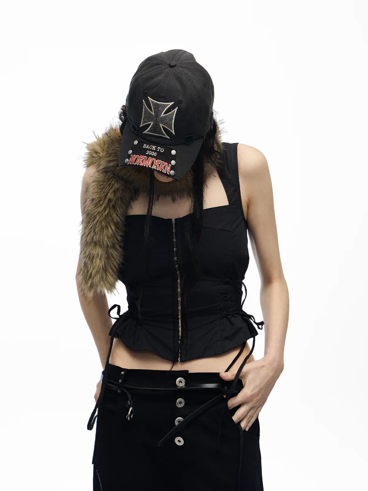 noEmosen Iron Cross Studded Distressed Washed Cap - Washed Black outfit
