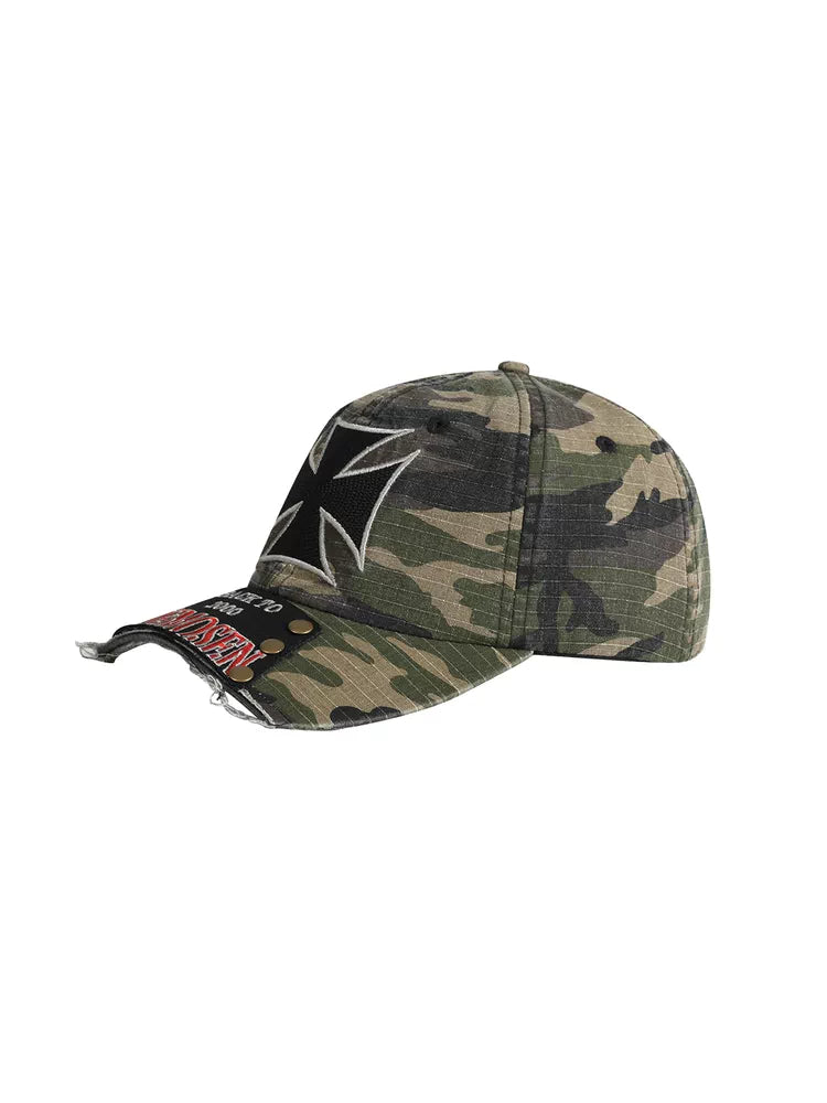 noEmosen Iron Cross Studded Distressed Washed Cap - Camo side