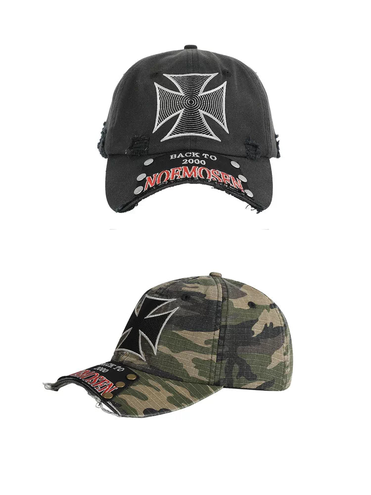 noEmosen Iron Cross Studded Distressed Washed Cap - Washed Black and Camo