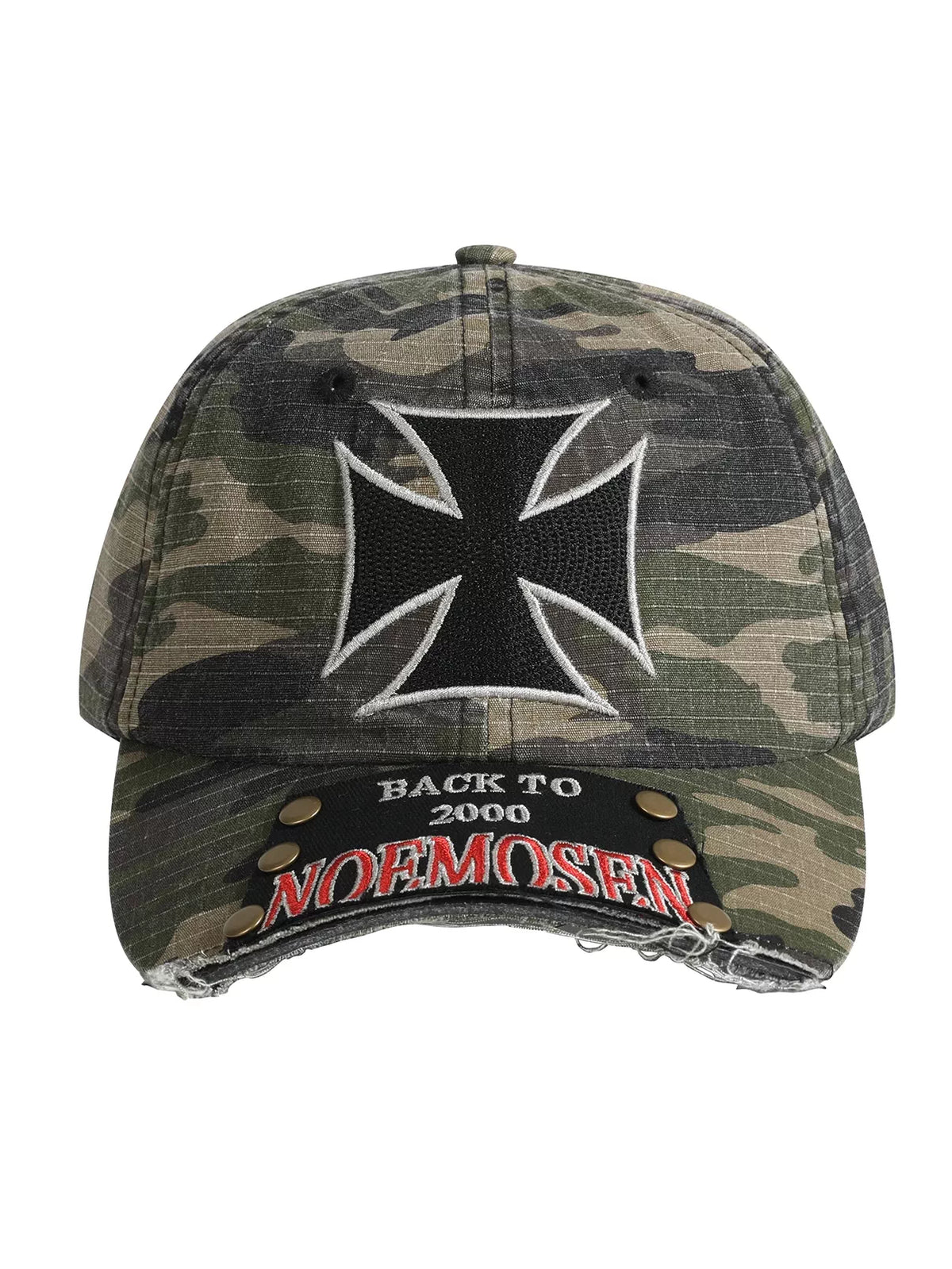 noEmosen Iron Cross Studded Distressed Washed Cap - Camo front